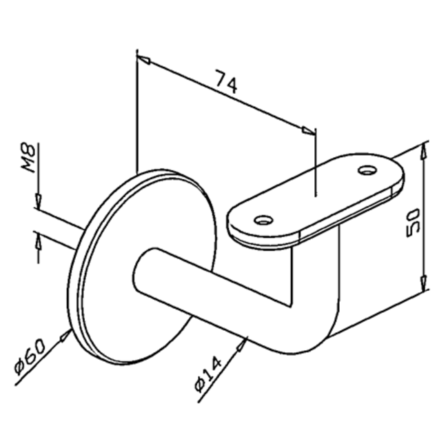 RVS leuningdrager - Model D (blinde montage met stokeind)