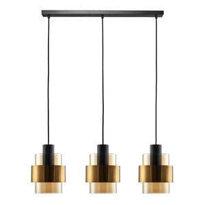 Freelight Hanglamp  Chiasso Zwart Goud & Amber Glas 3 Lichts