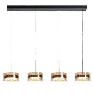 Highlight Hanglamp Enzo Zwart & Brons - Amber Glas Ø 20cm  - 4 Lichts  Balk 117cm