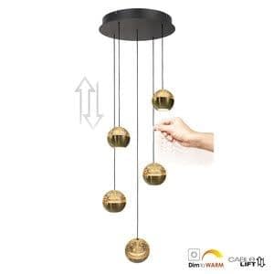 Steinhauer Steinhauer Hanglamp Belluno Zwart/Messing 5 Lichts Amber Glas Ø 35cm