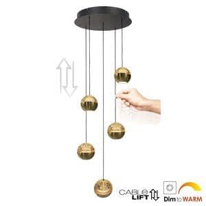 Steinhauer Steinhauer Hanglamp Belluno Zwart/Messing 5 Lichts Amber Glas Ø 35cm