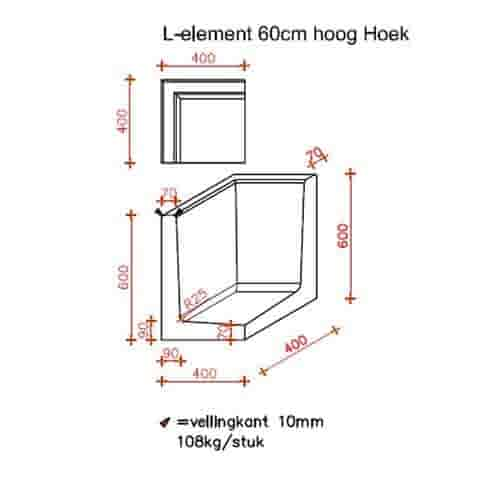 L element hoek 60 cm hoog en 40 cm breed roestbruin