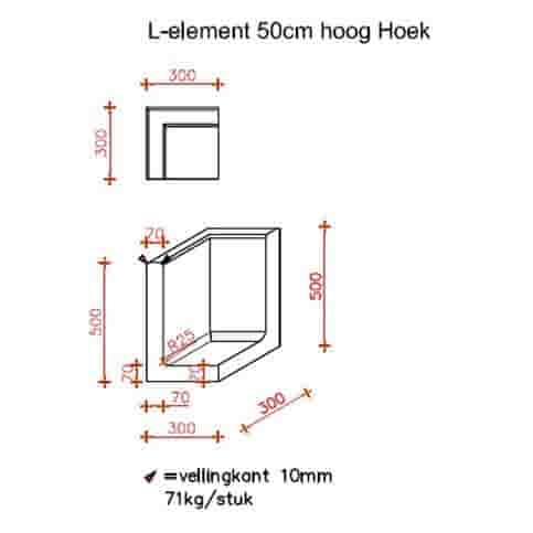 L element hoek 50 cm hoog en 30 cm breed grijs