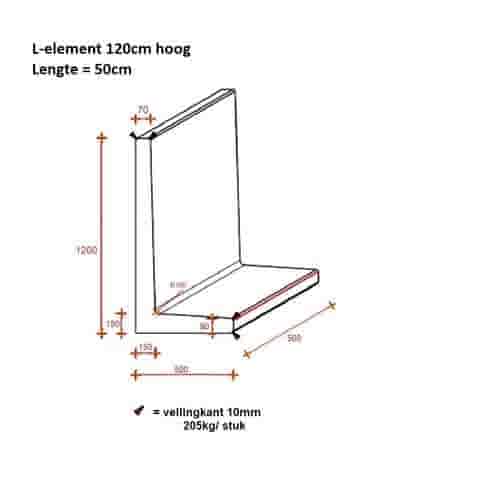 L element 120 cm hoog en 50 cm breed roestbruin
