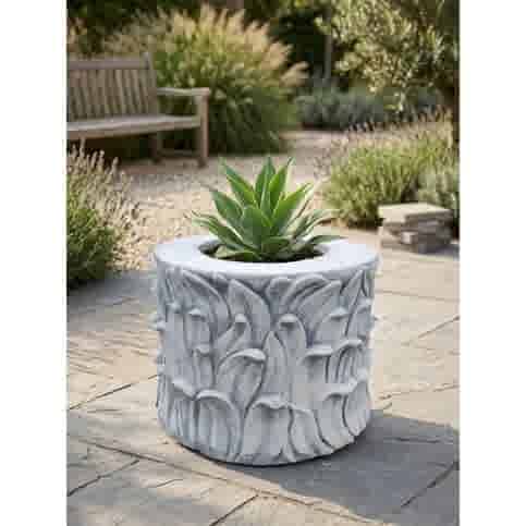 Decoratieve betonnen plantenbak met bladmotief - 45 cm diameter