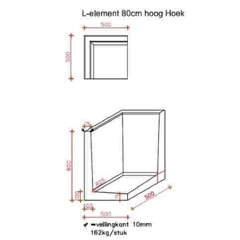 L element hoek 80 cm hoog en 50 cm breed roestbruin