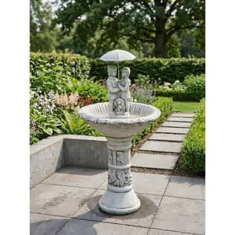 Betonnen fontein romantisch koppel met hond onder paraplu 130 cm