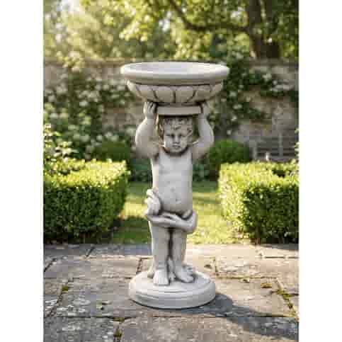 Betonnen cherubijn met sierlijk vogelbad 77 cm